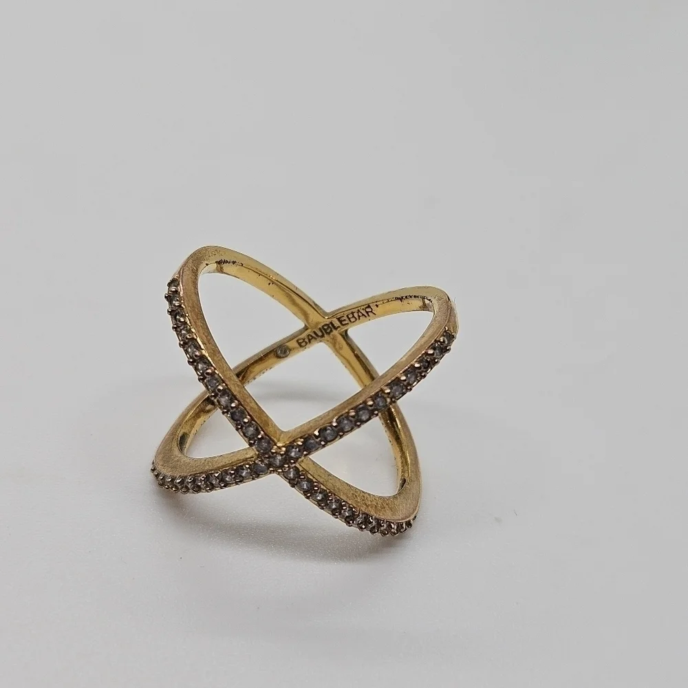Baublebar gold tone criss cross X rhinestone ring size 7.5